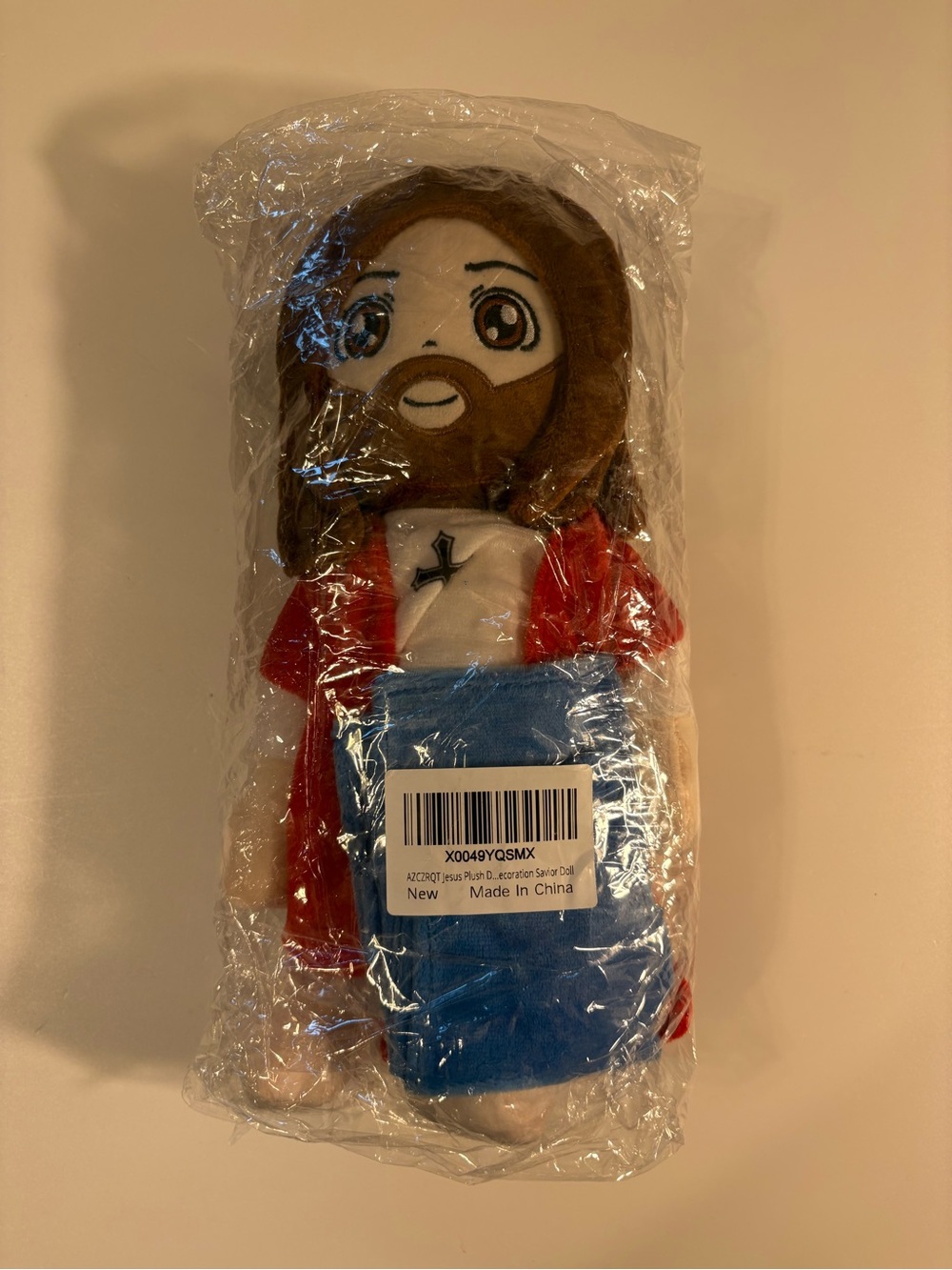 Jesus Plush Doll with Brown Hair, Red Coat & Blue Pants